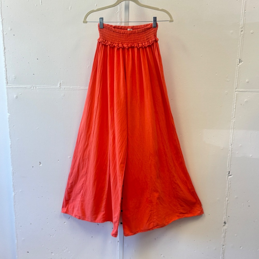 Blanco Orange Cotton Gauze Super Wide Leg Smocked Pom Pom Trim Harem Pants Large